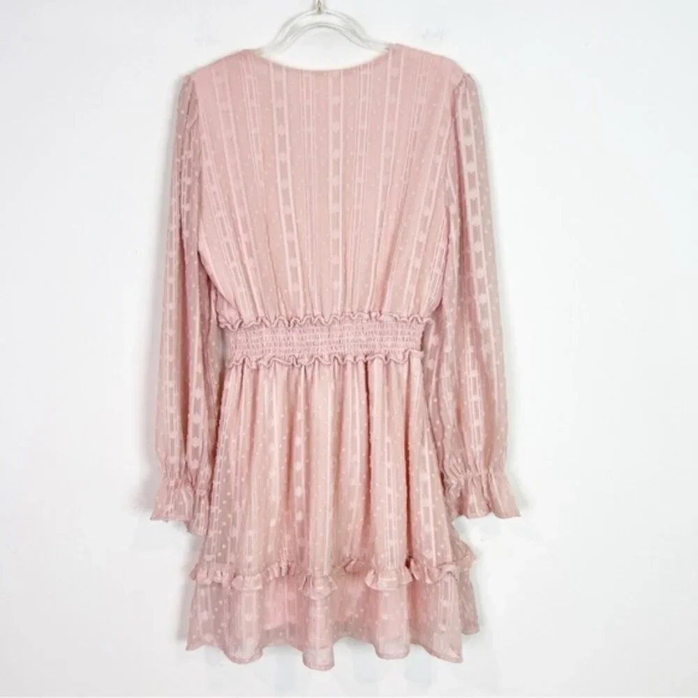 Emerald Sundae Swiss Dot Dress, Pink, Long Sleeve, Smocked Waist. Size S - Picture 3 of 4